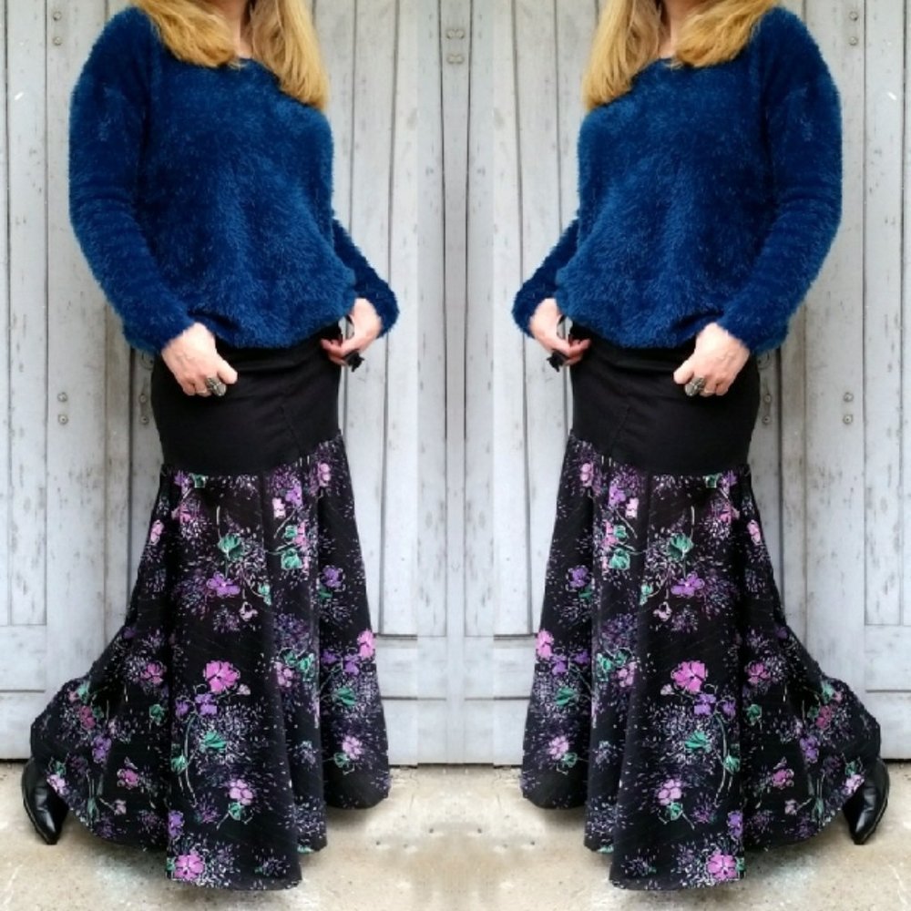 Refashioned Vtg Floral & Denim Maxiskirt (M/L)